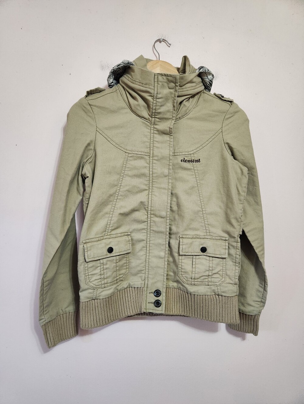 VTG Element Y2K Khaki Canvas Utility Hooded Jacket Floral Trim Skater Size S